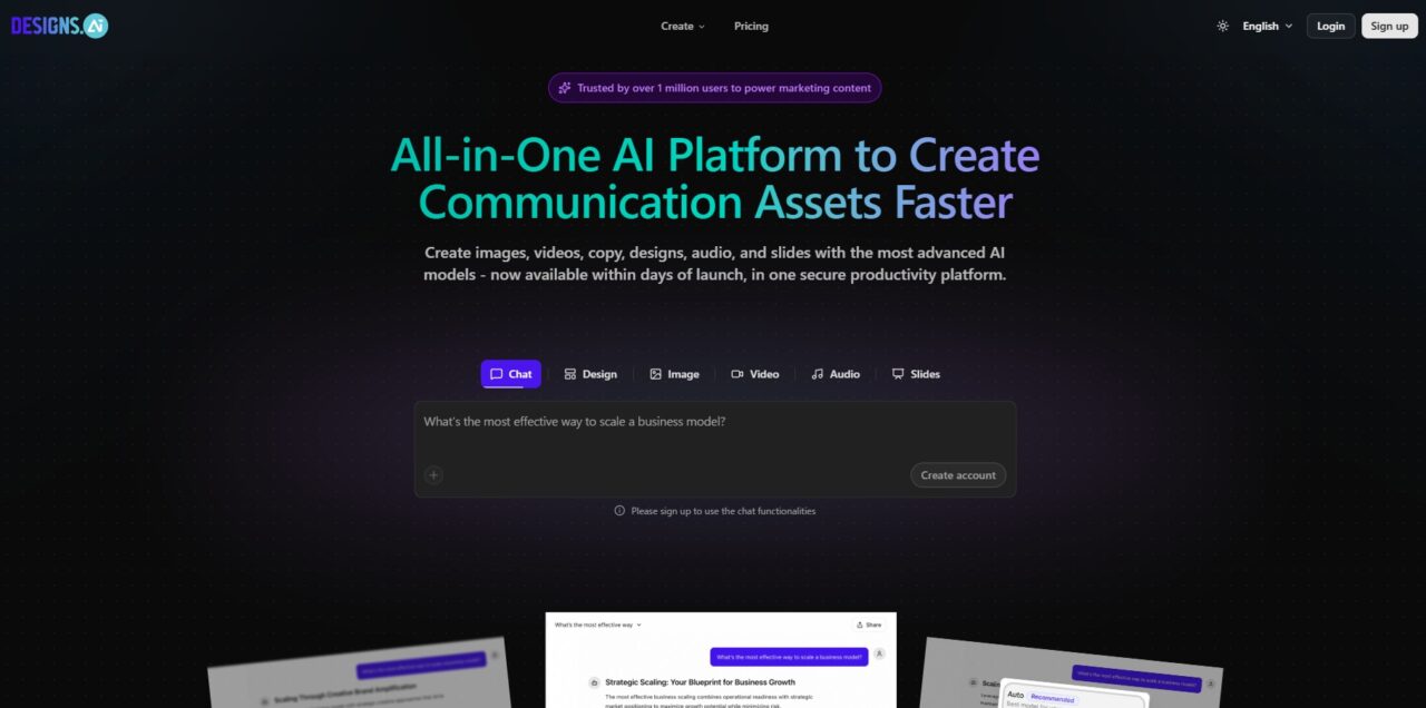 「Designs.ai(デザインズ・エーアイ)」は、AIを活用してデザインや動画、ロゴ、ナレーションなどを自動生成できるオールインワン型のクリエイティブツールです。これまで専門ソフトや外部パートナーが必要だった制作作業を、ひとつのプラットフォーム上でスピーディーに実現できる点が大きな特長です。テキストを入力するだけで動画が生成されたり、会社名を入れるだけでロゴ案が提案されたりと、アイデアをすぐに形にできる仕組みが整っています。